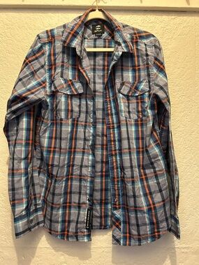split Men's Plaid Button-Down Shirt in Blue, Orange, White